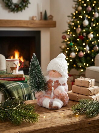 Postavička MagicHome Vianoce, Chlapček so stromčekom, terakota, 14,5x13x17 cm