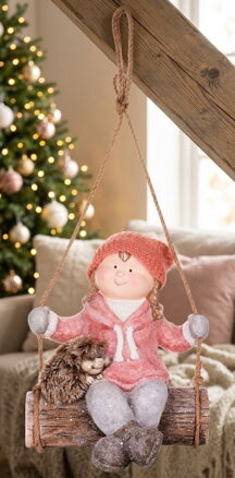 Postavička MagicHome Vianoce, Dievčatko na hojdačke s ježkom, závesná, keramika, 31,5x28x36 cm