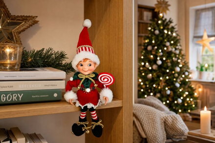 Dekorácia MagicHome Vianoce, elf, textil, červený, 14/35 cm