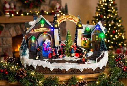 Dekorácia MagicHome Vianoce, Dedinka, 15 LED, farebná s melódiami, 3x AA, interiér, 33,50x18x20 cm