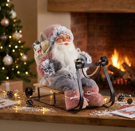Dekorácia MagicHome Vianoce, Santa na sánkach, sivo - ružový, 46 cm