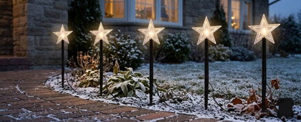 Reťaz MagicHome Vianoce 5 Star, LED, teplá biela, jednoduché svietenie, časovač, 3xAA, IP44, exterié