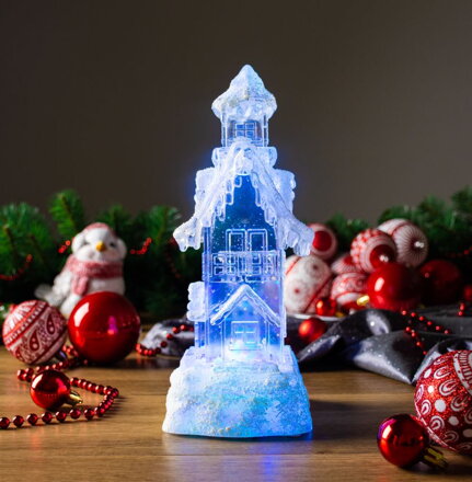 Dekorácia MagicHome Vianoce, Domček, LED, meniaca farby, s plávajúcimi trblietkami, PE, 2xAA, 9,50x9