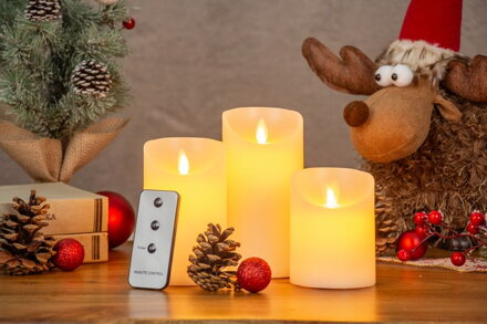Sviečky MagicHome Vianoce, sada 3 ks, LED, 3xAAA, pravý vosk, jednoduché svietenie, časovač, pohyblivý plameň, 7,5x10; 12,5; 15 cm Sviečky MagicHome Vianoce, sada 3 ks, LED, 3xAAA, pravý vosk, jednoduché svietenie, časovač, pohyblivý plameň, 7,5x10; 12,5; 15 cm