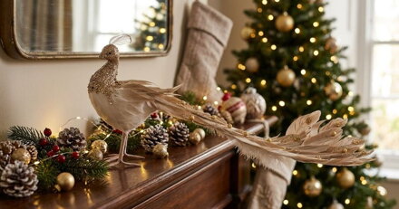 Dekorácia MagicHome Vianoce, Páv, zlatý, páperový, 50x20x23 cm