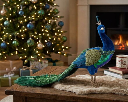 Dekorácia MagicHome Vianoce, Páv, modrý, páperový, 52x20x33 cm