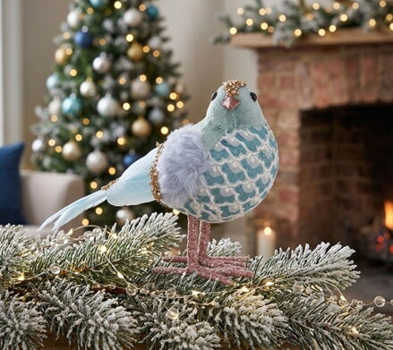 Vtáčik MagicHome Vianoce, modrý, 20x8x14 cm, páperový