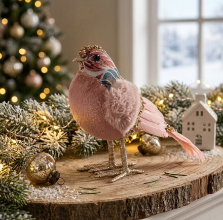 Vtáčik MagicHome Vianoce, ružový, 20x8x14 cm, páperový
