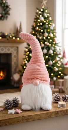 Postavička MagicHome Vianoce, Škriatok s krátkymi nohami, látkový, ružovo-biely, 20x19x58 cm