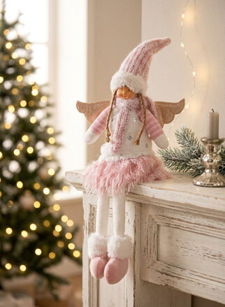 Postavička MagicHome Vianoce, Anjelik s ružovou krátkou sukňou, látkový, ružovo-biely, 23x12x59 cm