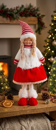 Postavička MagicHome Vianoce, Dievčatko v šatách, látkové, červeno-biele, 17x13x48 cm
