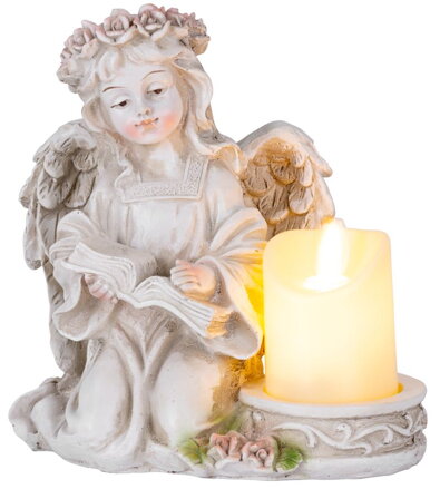 Dekorácia MagicHome, Anjel s knihou a sviečkou, LED, keramika, na hrob, 17,5x14,5x17,5 cm