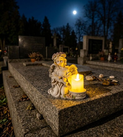 Dekorácia MagicHome, Anjel s knihou a sviečkou, LED, keramika, na hrob, 17,5x14,5x17,5 cm