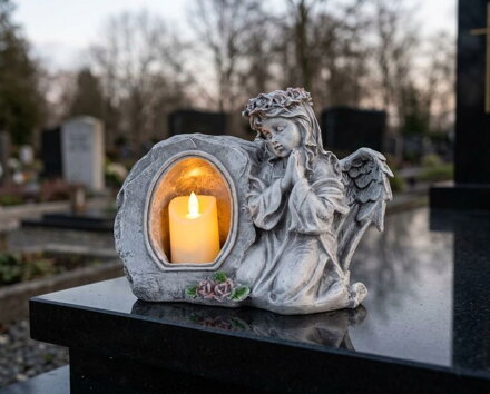 Dekorácia MagicHome, Anjel modliaci so sviečkou, LED, keramika, na hrob, 28x13x21,5 cm
