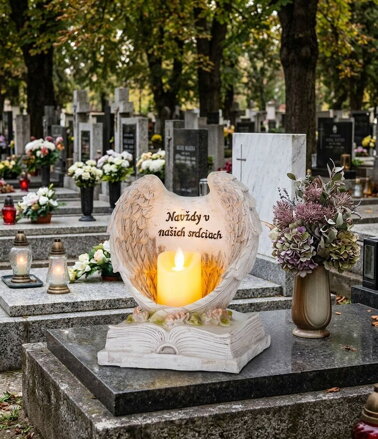 Dekorácia MagicHome, Anjelské krídla na knihe so sviečkou, LED, keramika, na hrob, 18x13,5x20 cm