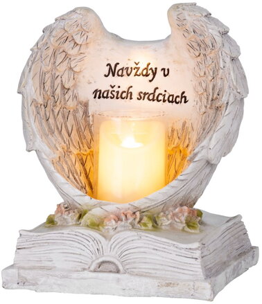 Dekorácia MagicHome, Anjelské krídla na knihe so sviečkou, LED, keramika, na hrob, 18x13,5x20 cm