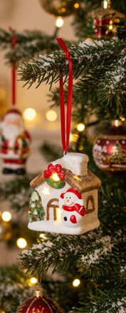 Dekorácia MagicHome Vianoce, Domček so snehuliakom, LED, terakota, závesný, 5,8x5x7 cm