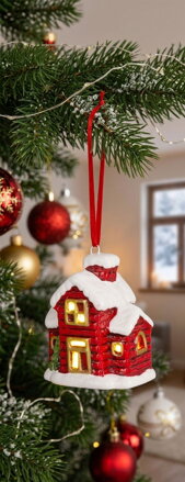 Dekorácia MagicHome Vianoce, Domček, LED, terakota, závesný, 5,5x5x7,2 cm
