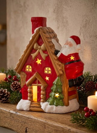 Dekorácia MagicHome Vianoce, Domček so santom na streche, LED, terakota,27x13x34 cm
