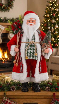 Dekorácia MagicHome Vianoce, Santa s taškou s darčekmi a stromčekom, keramika, 46 cm