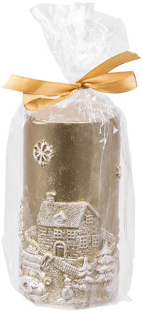 Sviečka MagicHome Vianoce, 7x12,5 cm, zlatá, s krajinkou