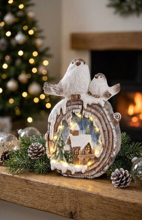 Dekorácia MagicHome Vianoce, Vtáčiky s domčekmi, LED, keramika, 33,3x16,5x47 cm