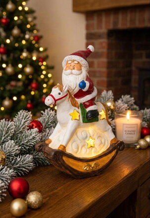 Dekorácia MagicHome Vianoce, Santa na koni, LED, polyresin, 12x5,5x18 cm