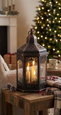 Lampáš MagicHome Vianoce Morocco, LED teplá biela, sviečky, čierny, 3xAAA, plast, časovač, 18x15x32 cm