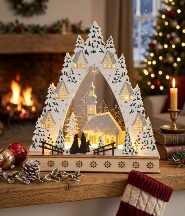 Dekorácia MagicHome Vianoce, Dedinka s kostolom, LED, MDF, 30x7x33,5 cm