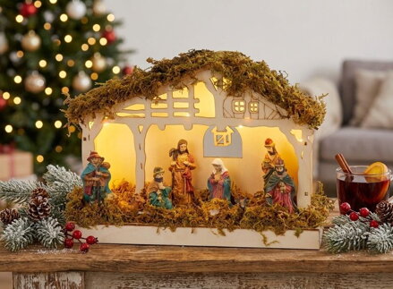 Dekorácia MagicHome Vianoce, betlehem, 5x LED teplá biela, 3xAA, interiér, 26,3x7,3x19,2 cm