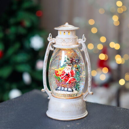 Lampáš MagicHome Vianoce Retro, LED teplá biela, so santom na saniach, s trblietkami, biely, 3xAA, plast, 13x11x24 cm