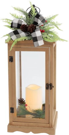 Dekorácia MagicHome Vianoce, Lampáš s čečinou a mašľou, 1 LED, 3xAAA, efekt plameňa, časovač, drevo, 20x20,5x51 cm