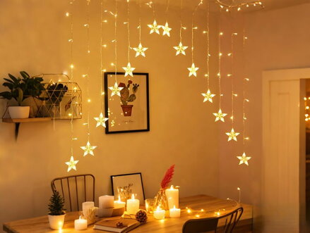 Reťaz MagicHome Vianoce, časovač, záclona, hviezdy, 142xLED, teplá biela, 8 funkcií, 3 m, IP44