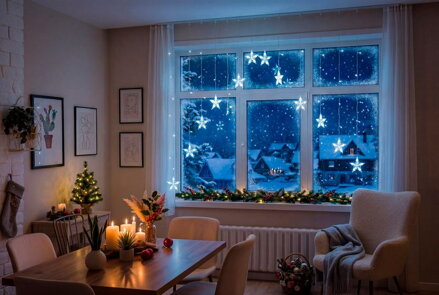 Reťaz MagicHome Vianoce, časovač, záclona, hviezdy, 142xLED, studená biela, 8 funkcií, 3 m, IP44
