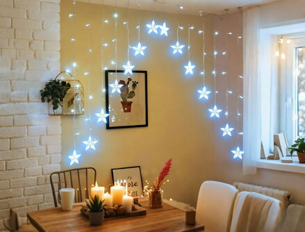 Reťaz MagicHome Vianoce, časovač, záclona, hviezdy, 142xLED, studená biela, 8 funkcií, 3 m, IP44