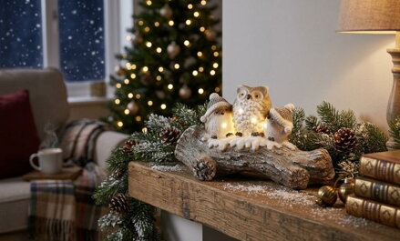 Dekorácia MagicHome Vianoce, sovy na zasneženom kmeni, LED, 20.5x49.5x27.5 cm