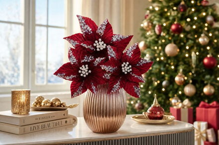 Kvet MagicHome Vianoce, poinsettia, burgundská červená, 20 cm, veľkosť kvetu: 21 cm