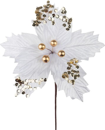 Kvet MagicHome Vianoce, poinsettia, s guľkami, biely, 18 cm, veľkosť kvetu: 20 cm