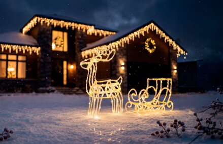 Dekorácia MagicHome Vianoce, Jeleň so saňami, 160xLED teplá biela, IP44, 24/41 cm