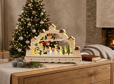 Dekorácia MagicHome Vianoce, Dedinka, 9xLED teplá biela, 2xAAA, IP20, 33x5x23,5 cm