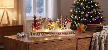 Dekorácia MagicHome Vianoce, Santa na saniach, 8xLED teplá biela, 2xAAA, IP20, 35x6x16 cm