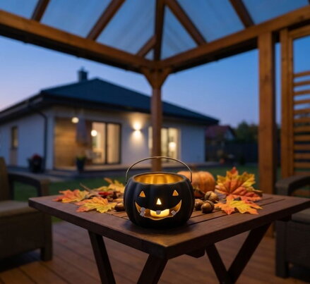 Dekorácia MagicHome Nature, tekvica LED, porcelánová, čierna, 12,7x12,7x7,7 cm