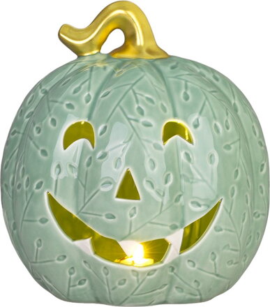 Dekorácia MagicHome Nature, tekvica LED, porcelánová, mentolová, 14,8x15,6x16,4 cm