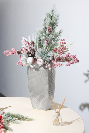 Vetvička MagicHome Vianoce, bobuľky so šiškami, červená, 34 cm