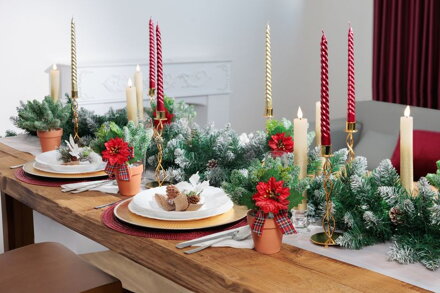 Vetvička MagicHome Vianoce, s kvetom poinsettia a stuhou, červená, 17 cm