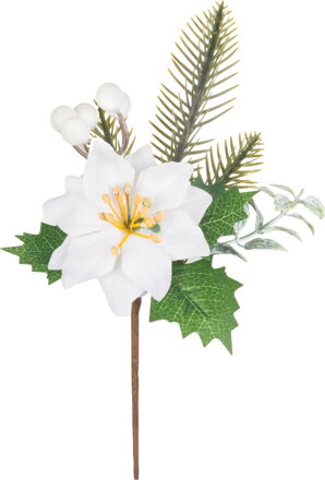 Vetvička MagicHome Vianoce, s kvetom poinsettia, biela, 24 cm