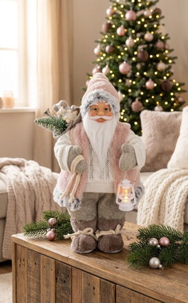 Dekorácia MagicHome Vianoce, Santa, s darčekom, ružovo-hnedý, 30 cm