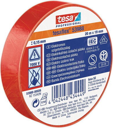 Páska tesa® PRO tesaflex®, elektroizolačná, sPVC, 15 mm, červená, L-10 m