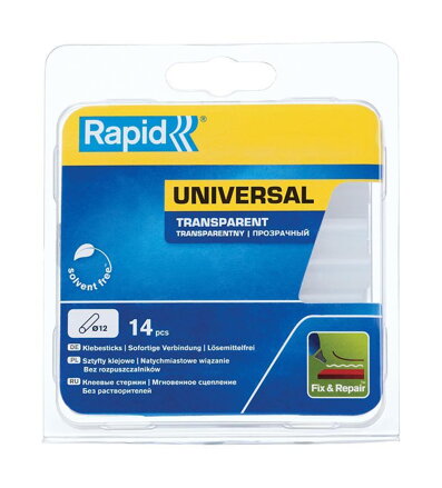 Tyčinka RAPID, 12x94 mm, univerzálna transparentná, 14 ks, tavná, tavné lepidlo, náplň do tavnej pištole Tyčinka RAPID, 12x94 mm, univerzálna transparentná, 14 ks, tavná, tavné lepidlo, náplň do tavnej pištole