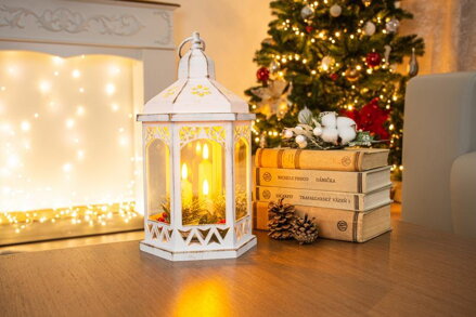 Lampáš MagicHome Vianoce Morocco, LED teplá biela, sviečky, biely, 3xAAA, plast, časovač, 18x15x32 cm